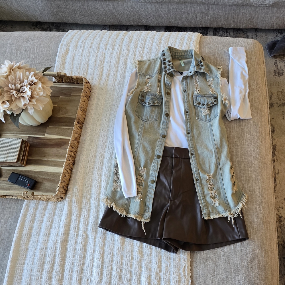 Distressed Denim Vest with Brown Leather Shorts